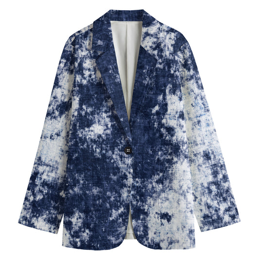 Blue And White Acid Wash Tie Dye Print Women's Blazer