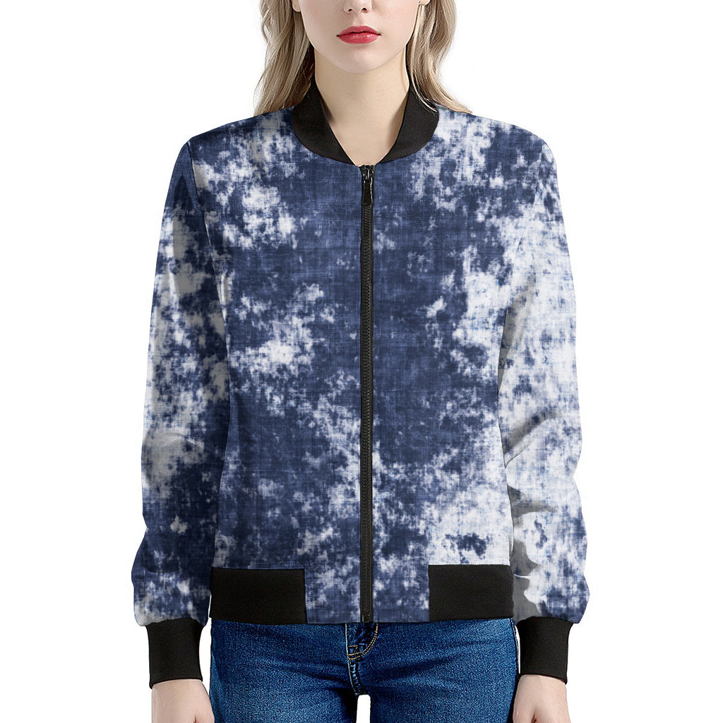 Blue And White Acid Wash Tie Dye Print Women's Bomber Jacket