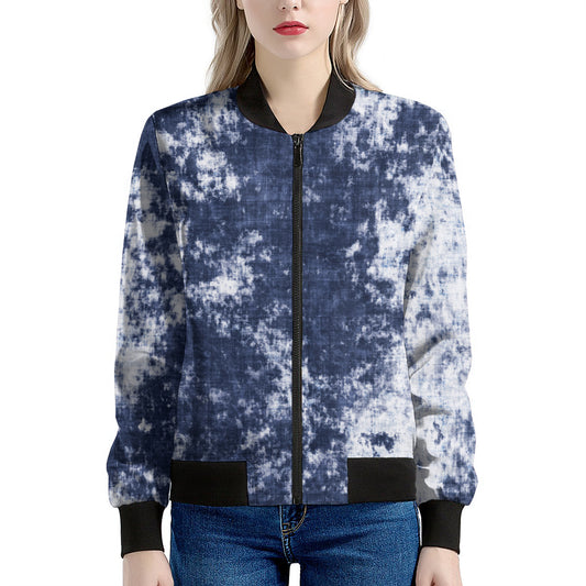 Blue And White Acid Wash Tie Dye Print Women's Bomber Jacket