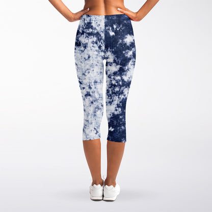 Blue And White Acid Wash Tie Dye Print Women's Capri Leggings