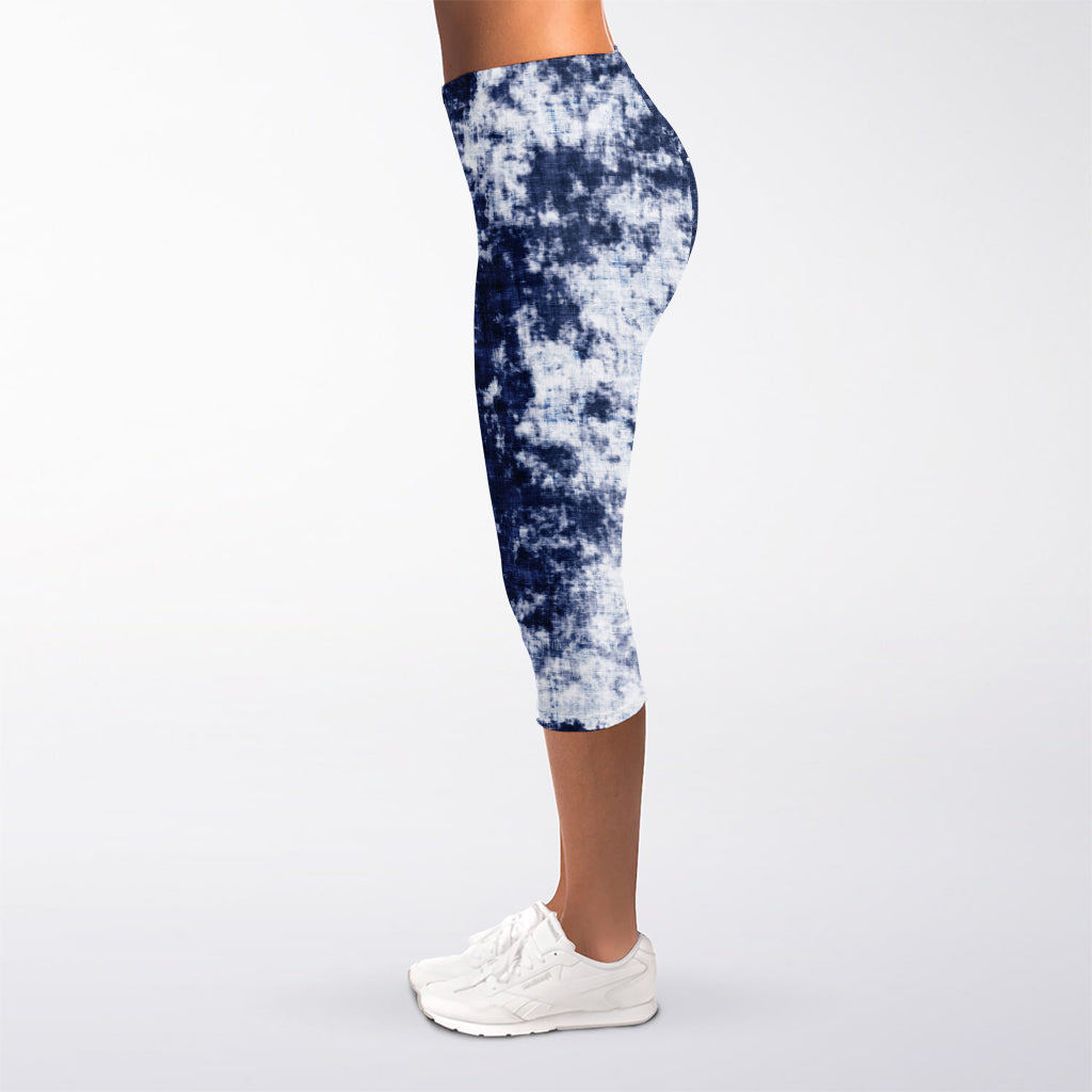Blue And White Acid Wash Tie Dye Print Women's Capri Leggings