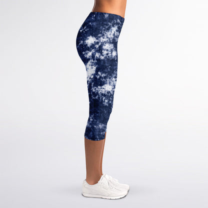 Blue And White Acid Wash Tie Dye Print Women's Capri Leggings