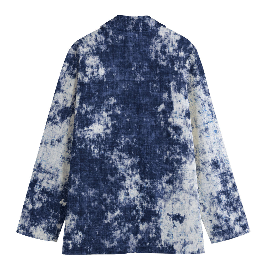 Blue And White Acid Wash Tie Dye Print Women's Cotton Blazer