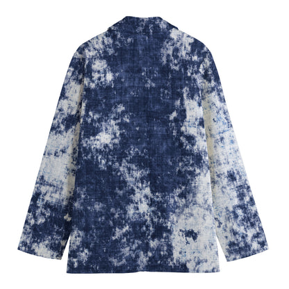 Blue And White Acid Wash Tie Dye Print Women's Cotton Blazer