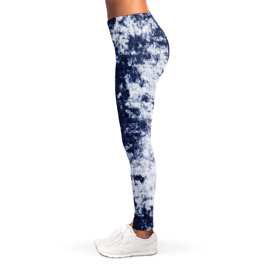 Blue And White Acid Wash Tie Dye Print Women's Leggings
