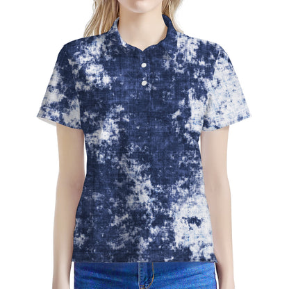 Blue And White Acid Wash Tie Dye Print Women's Polo Shirt