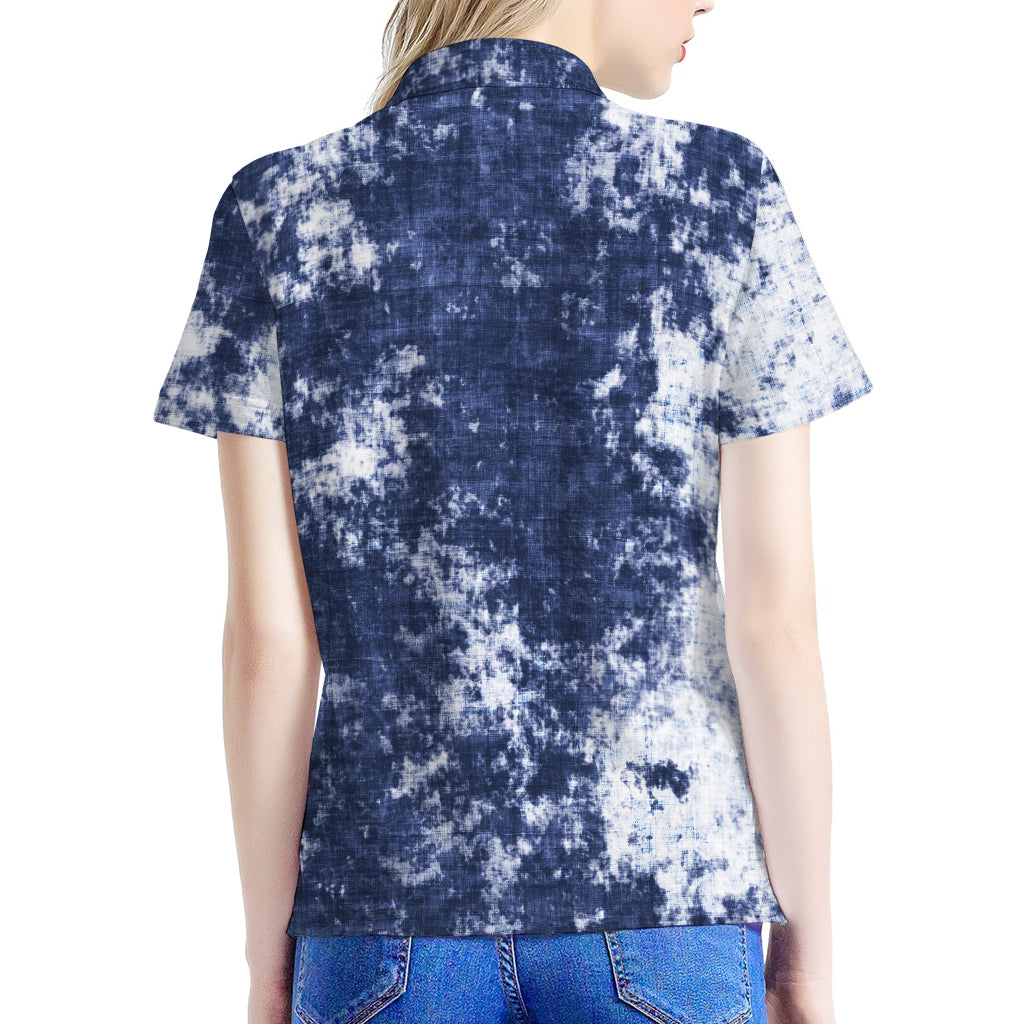 Blue And White Acid Wash Tie Dye Print Women's Polo Shirt