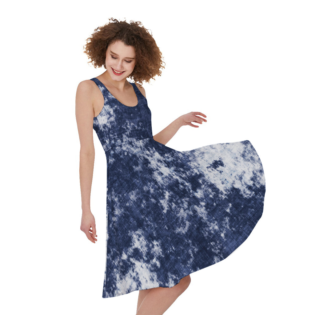 Blue And White Acid Wash Tie Dye Print Women's Sleeveless Dress