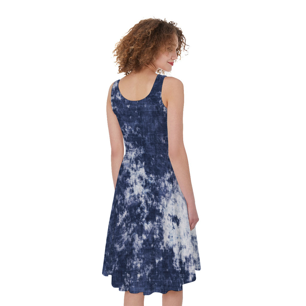 Blue And White Acid Wash Tie Dye Print Women's Sleeveless Dress