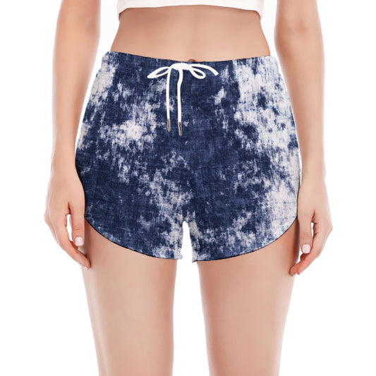 Blue And White Acid Wash Tie Dye Print Women's Split Running Shorts