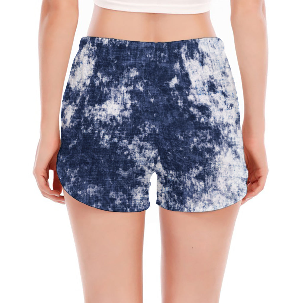 Blue And White Acid Wash Tie Dye Print Women's Split Running Shorts