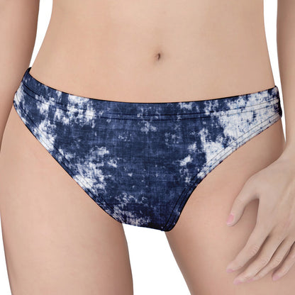 Blue And White Acid Wash Tie Dye Print Women's Thong