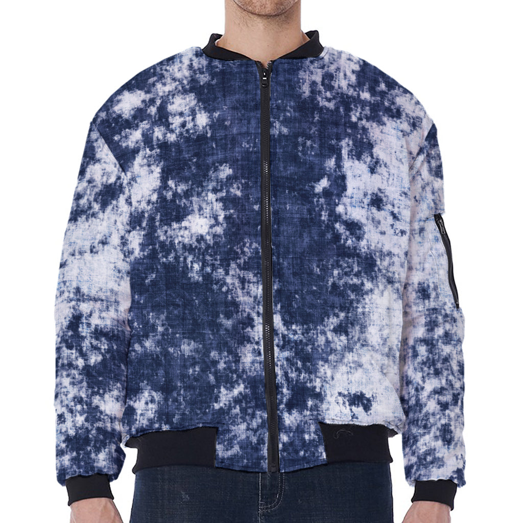 Blue And White Acid Wash Tie Dye Print Zip Sleeve Bomber Jacket