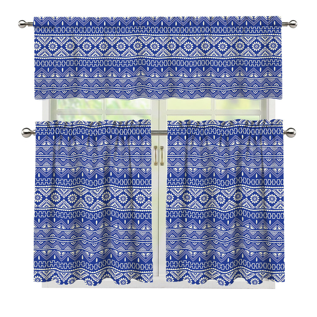 Blue And White African Pattern Print 3 Piece Kitchen Curtains