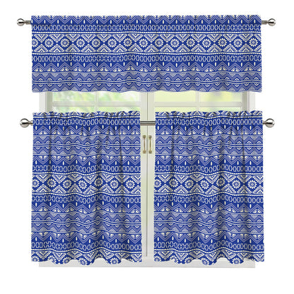 Blue And White African Pattern Print 3 Piece Kitchen Curtains