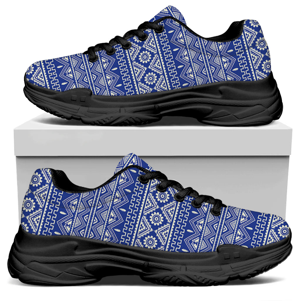 Blue And White African Pattern Print Black Chunky Shoes