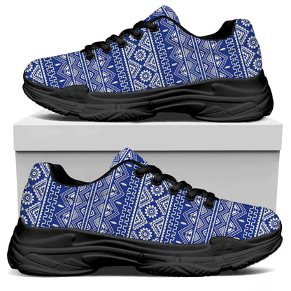 Blue And White African Pattern Print Black Chunky Shoes