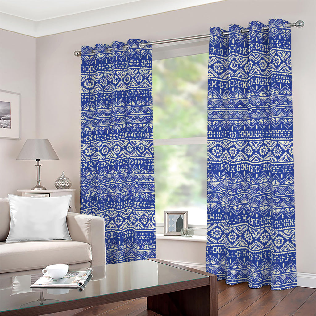 Blue And White African Pattern Print Blackout Grommet Curtains