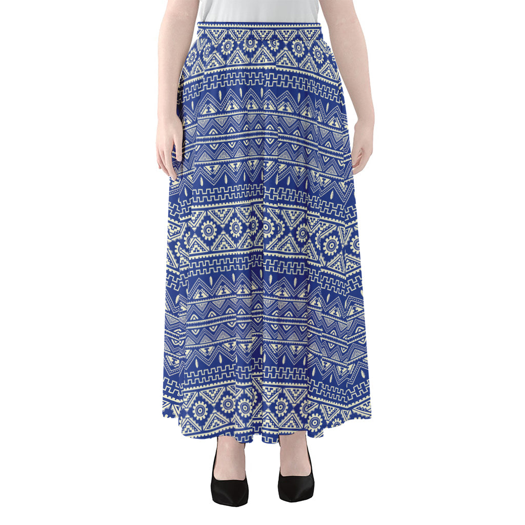 Blue And White African Pattern Print Chiffon Maxi Skirt