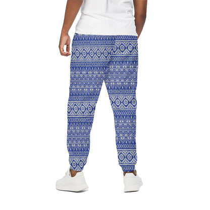 Blue And White African Pattern Print Cotton Pants