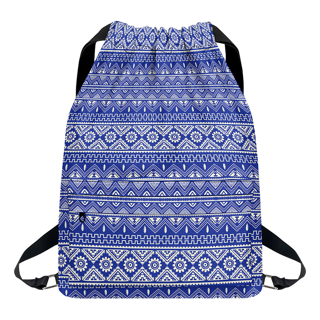 Blue And White African Pattern Print Drawstring Backpack