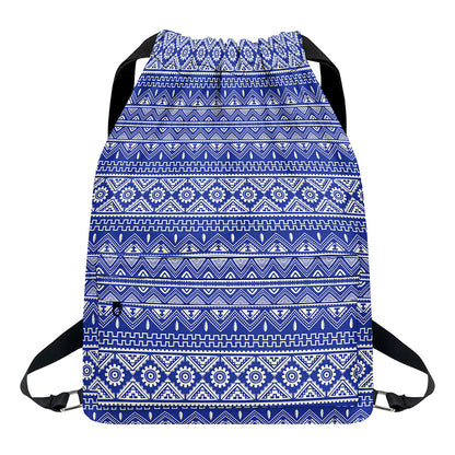 Blue And White African Pattern Print Drawstring Backpack