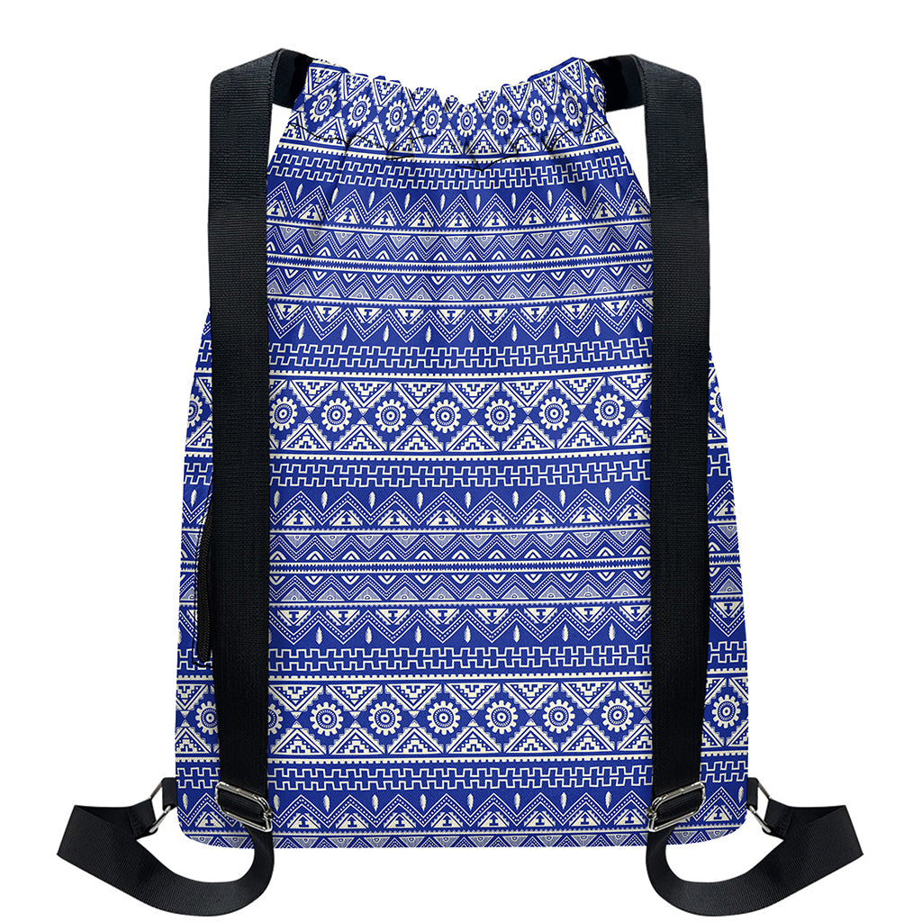 Blue And White African Pattern Print Drawstring Backpack