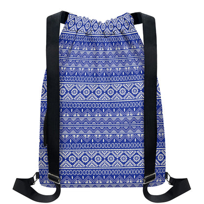 Blue And White African Pattern Print Drawstring Backpack