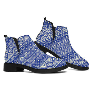 Blue And White African Pattern Print Flat Ankle Boots