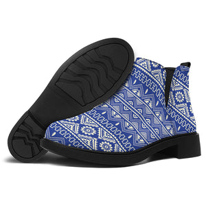 Blue And White African Pattern Print Flat Ankle Boots