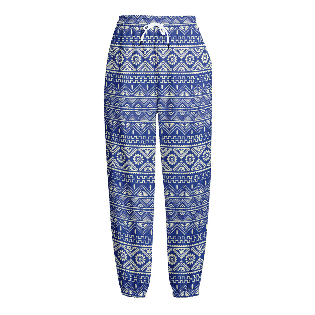 Blue And White African Pattern Print Fleece Lined Knit Pants