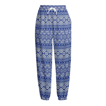 Blue And White African Pattern Print Fleece Lined Knit Pants