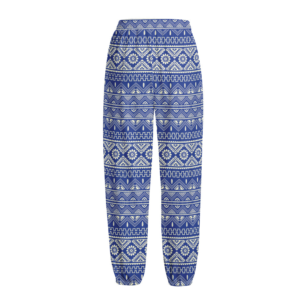 Blue And White African Pattern Print Fleece Lined Knit Pants