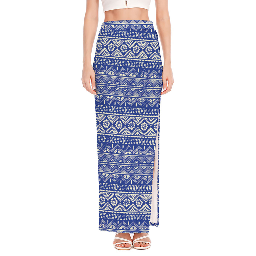 Blue And White African Pattern Print High Slit Maxi Skirt
