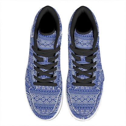 Blue And White African Pattern Print High Top Leather Sneakers