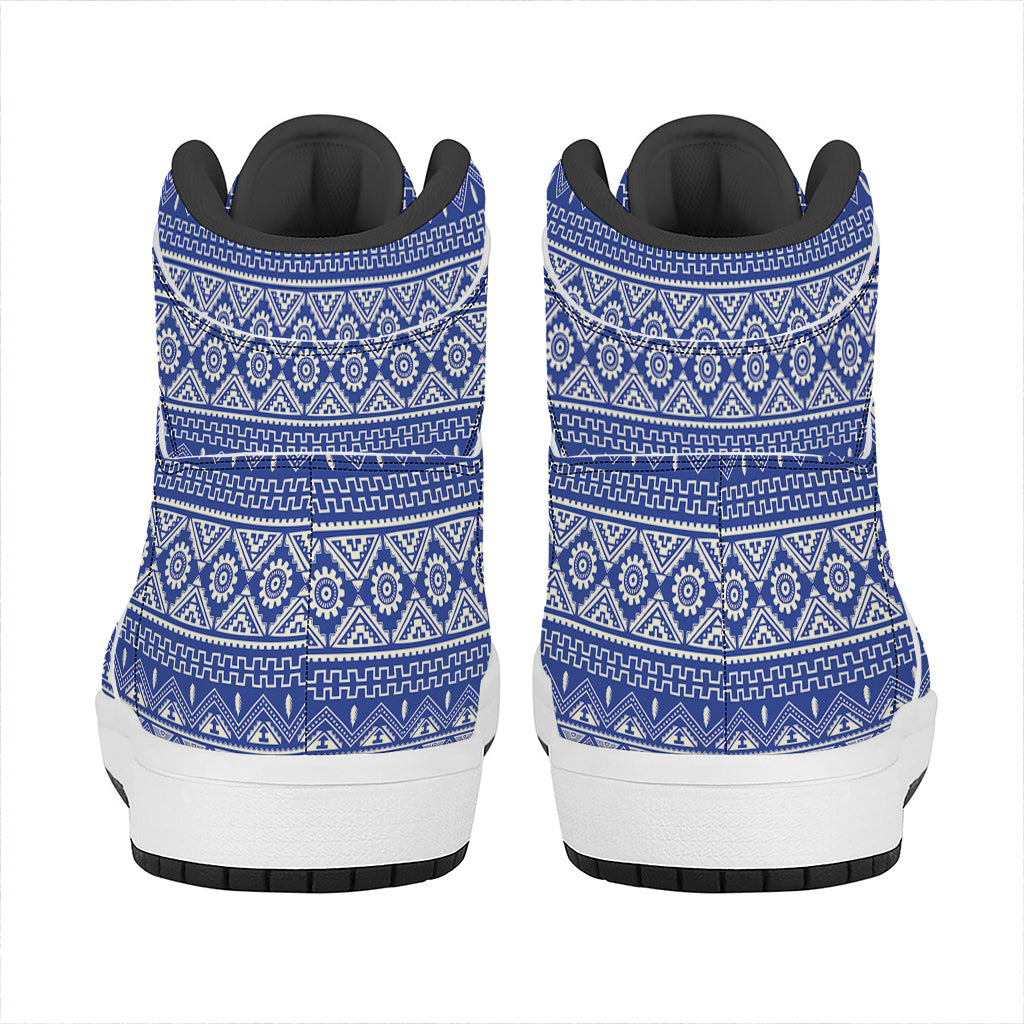 Blue And White African Pattern Print High Top Leather Sneakers