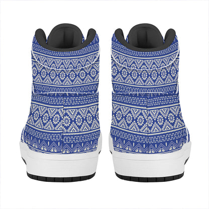 Blue And White African Pattern Print High Top Leather Sneakers