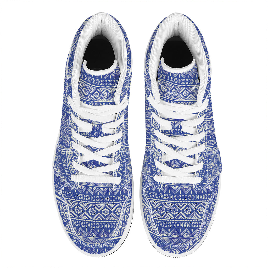 Blue And White African Pattern Print High Top Leather Sneakers
