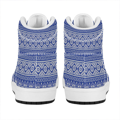 Blue And White African Pattern Print High Top Leather Sneakers