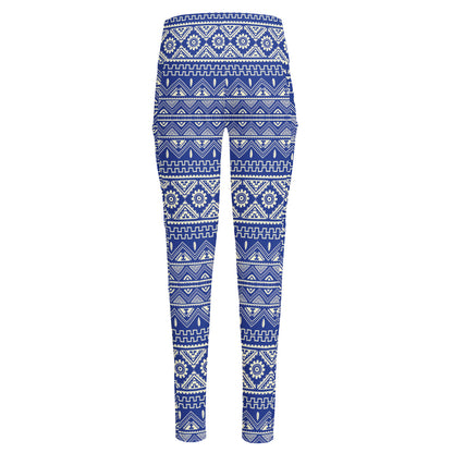 Blue And White African Pattern Print High-Waisted Pocket Leggings