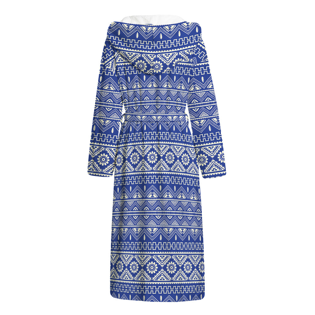 Blue And White African Pattern Print Hooded Bathrobe