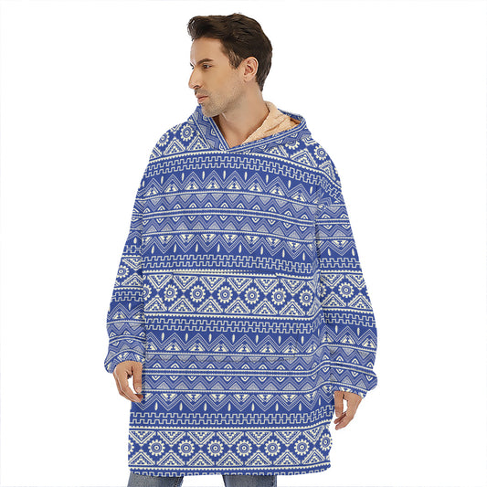 Blue And White African Pattern Print Hoodie Blanket
