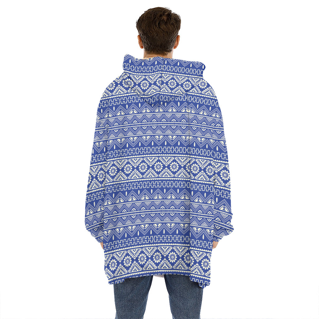Blue And White African Pattern Print Hoodie Blanket