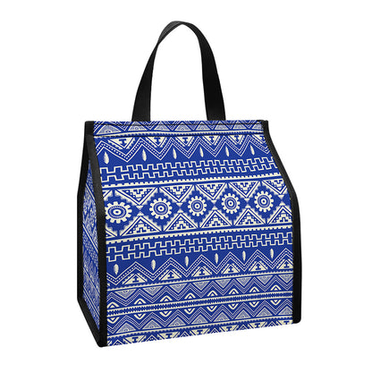 Blue And White African Pattern Print Insulated Lunch Tote