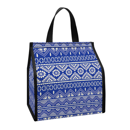 Blue And White African Pattern Print Insulated Lunch Tote