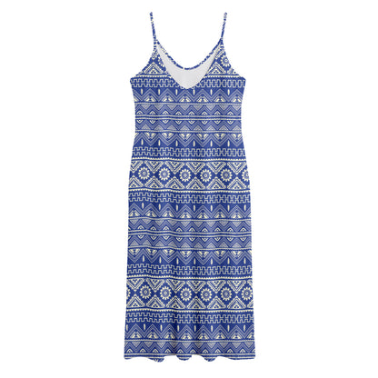 Blue And White African Pattern Print Jersey Midi Cami Dress