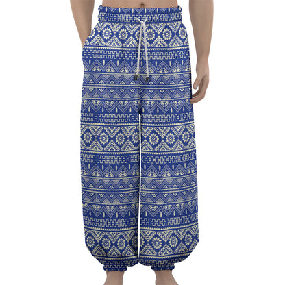 Blue And White African Pattern Print Lantern Pants