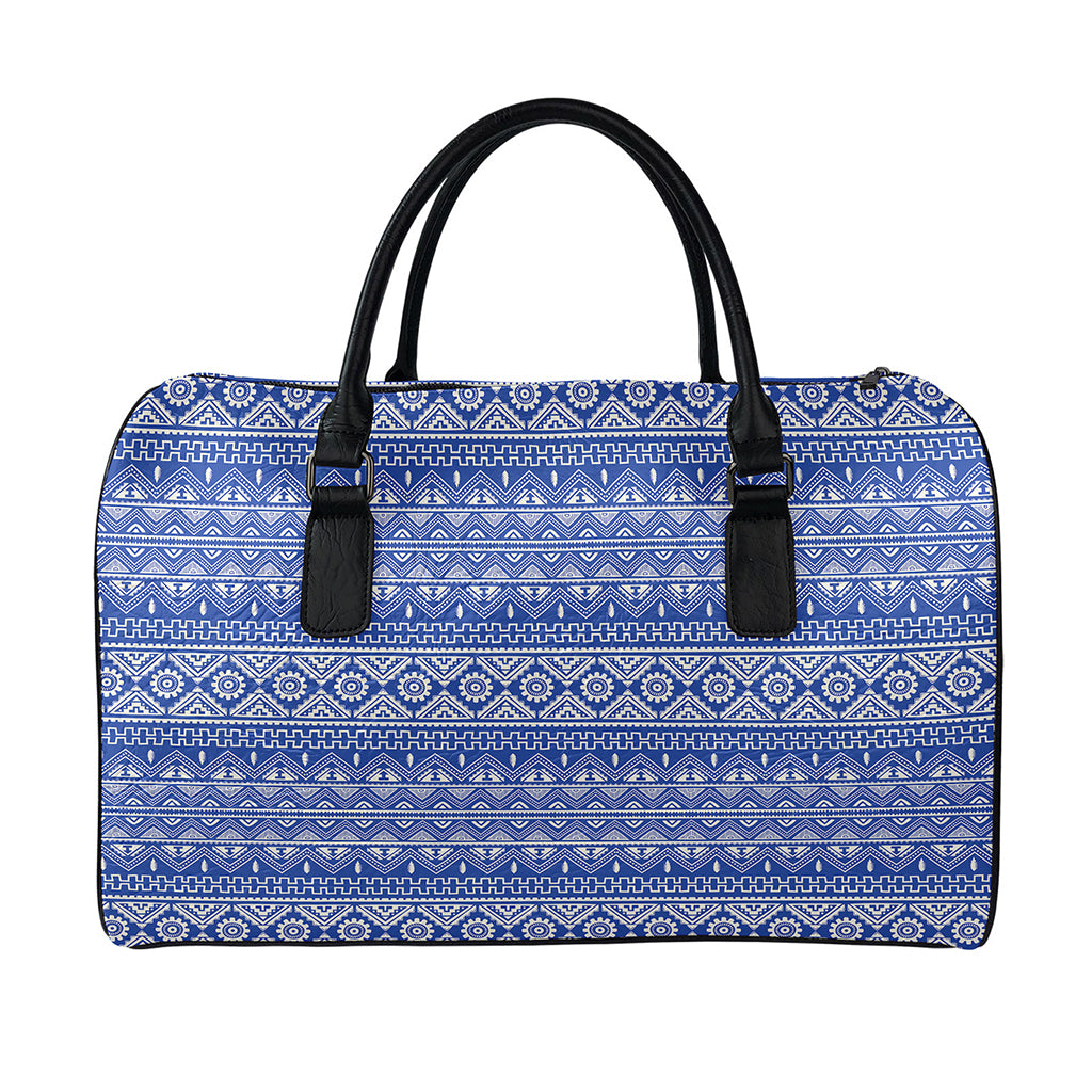 Blue And White African Pattern Print Leather Duffle Bag