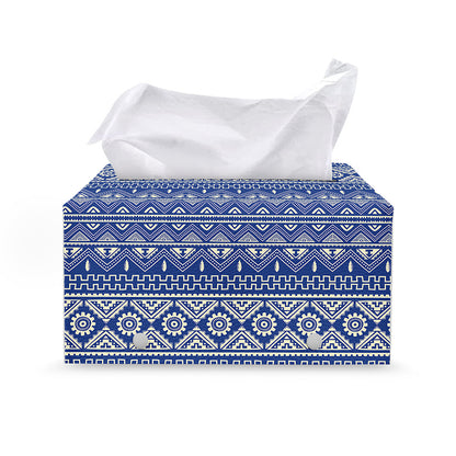 Blue And White African Pattern Print Leather Tissue Box Cover