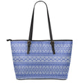 Blue And White African Pattern Print Leather Tote Bag With Zipper